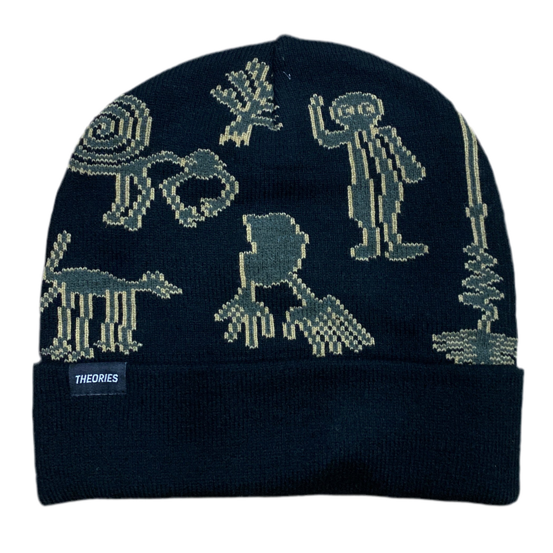 Black beanie with white graphics on a white background