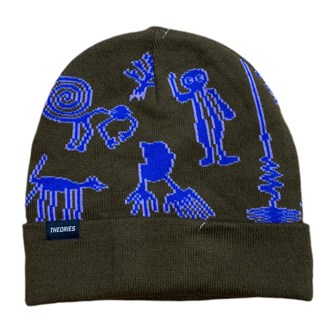 Black beanie with blue designs on a white background