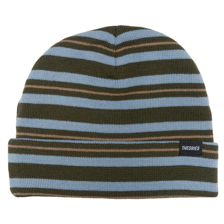 Striped beanie with brown and blue stripes on a white background