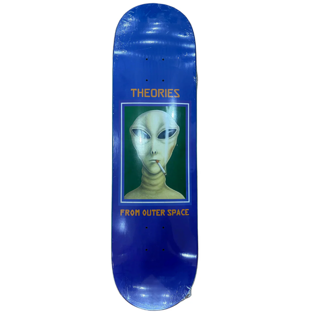 Skateboard deck with alien graphic and 'Theories from Outer Space' text on a blue background