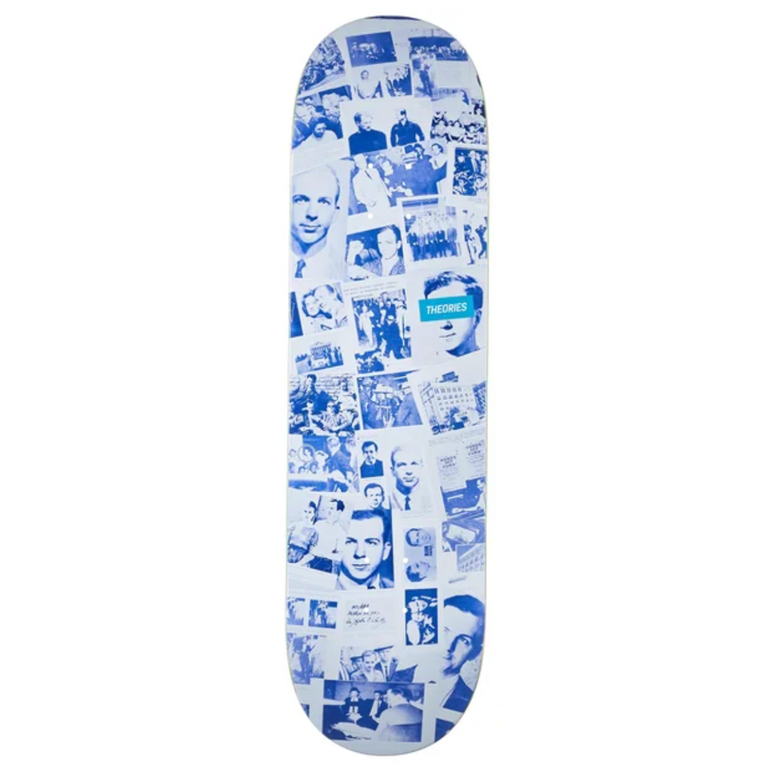 Skateboard deck with blue and white collage design on a white background
