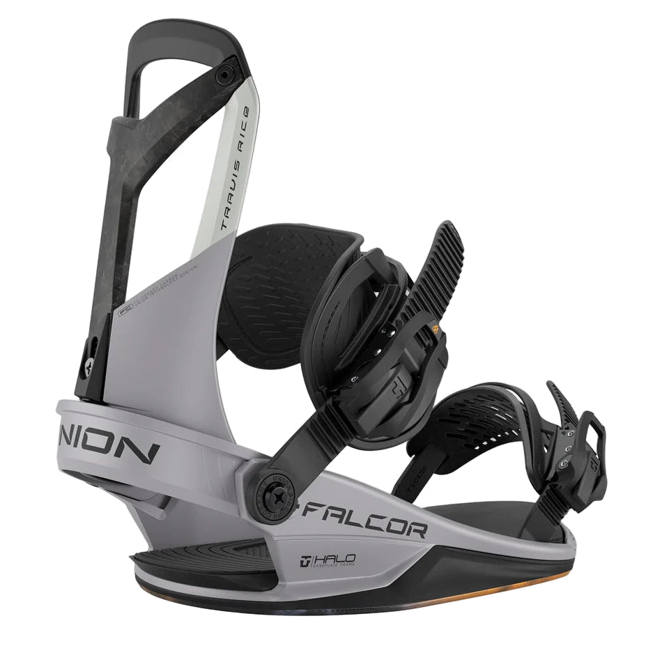Gray and black snowboard binding with 'ION' branding on a white background
