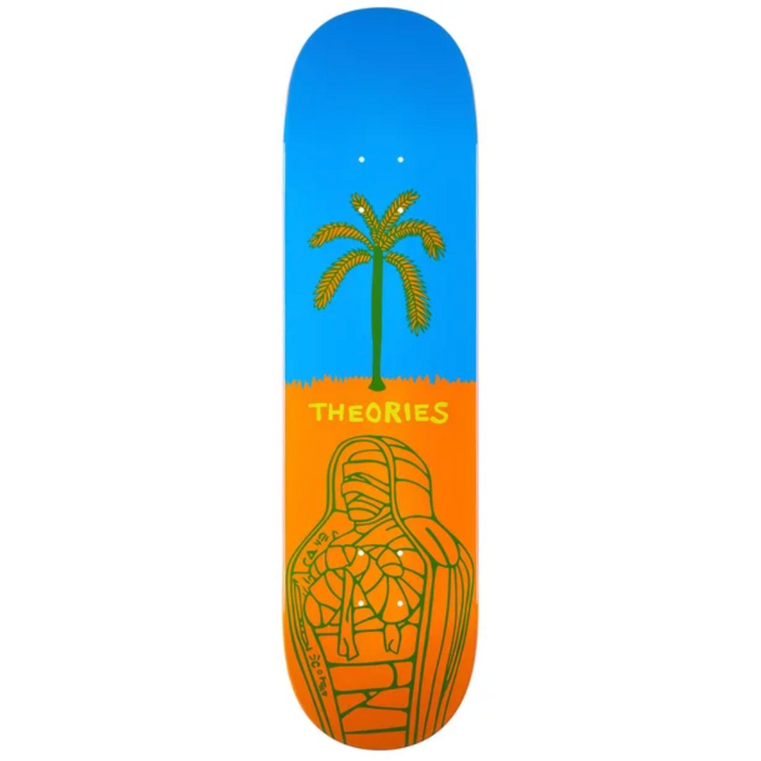 Skateboard deck with palm tree design and 'Theories' branding on a blue and orange background