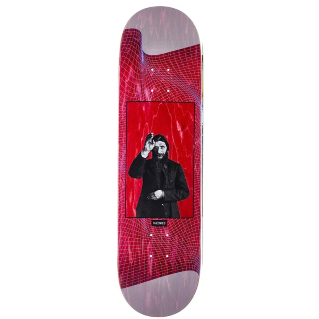 Skateboard deck with a red and black design on a white background