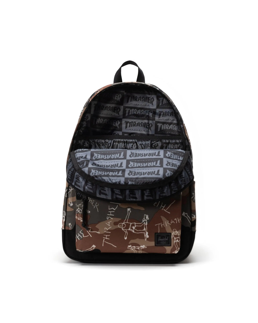 Multicolored backpack with various designs and text on a white background