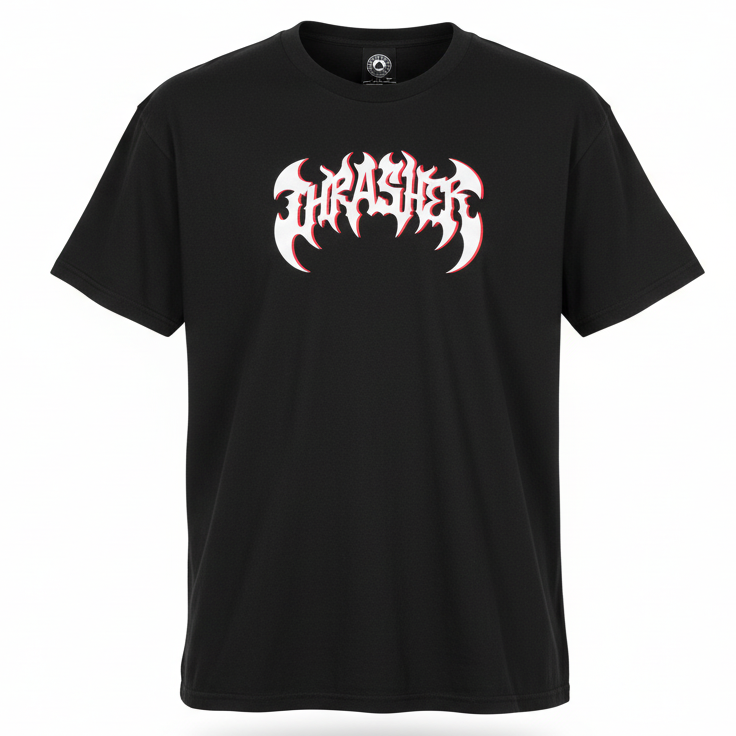 Black t-shirt with a white metal thrasher logo 
