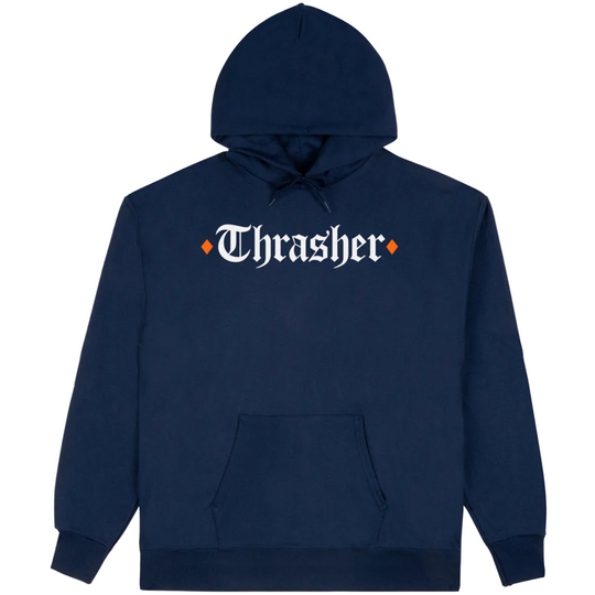 navy blue hoodie with a white and orange thrasher logo