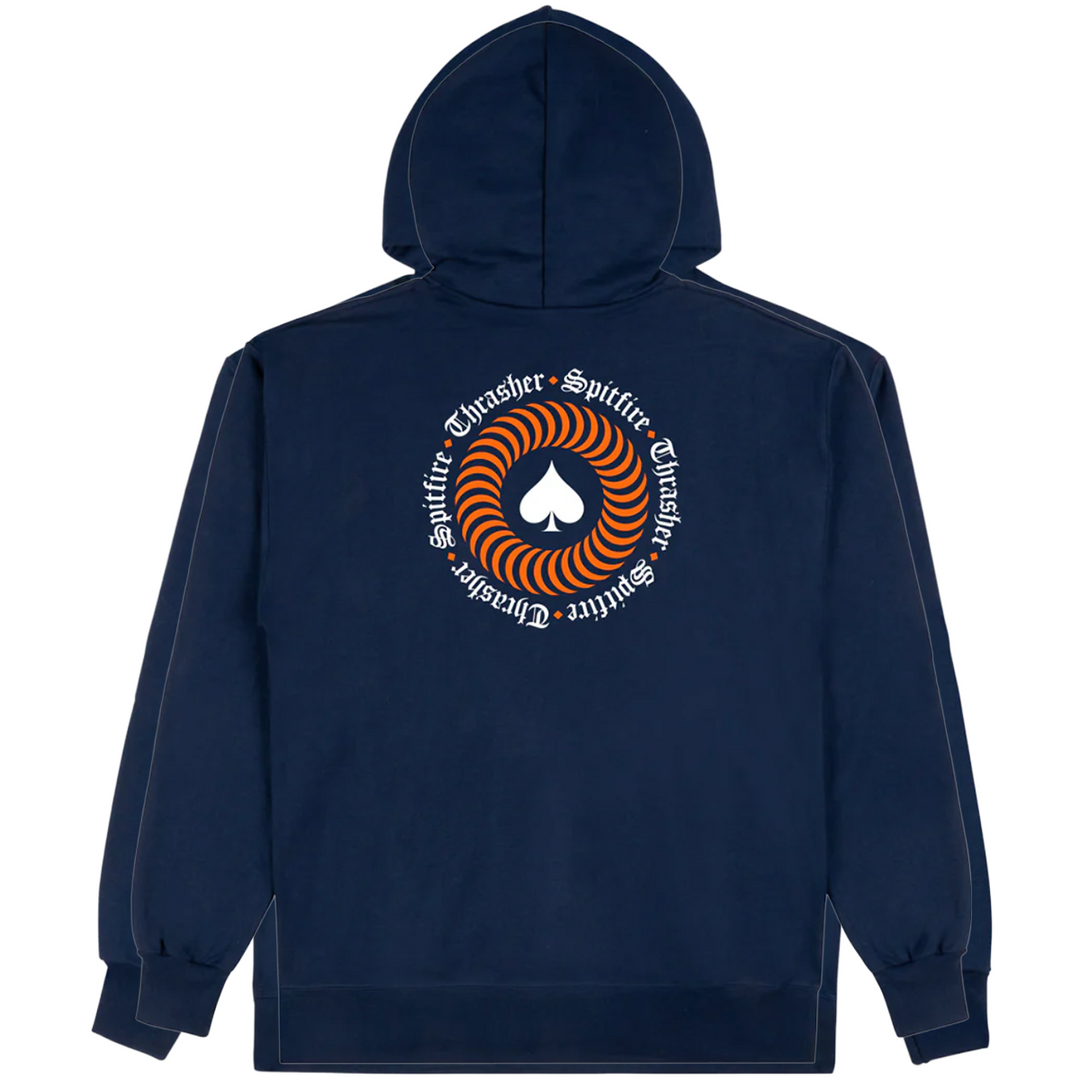 Navy blue hoodie with a spitfire x thrasher logo