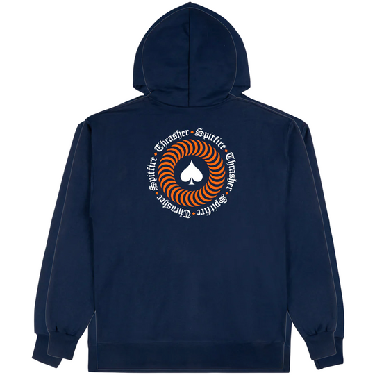 Navy blue hoodie with a spitfire x thrasher logo
