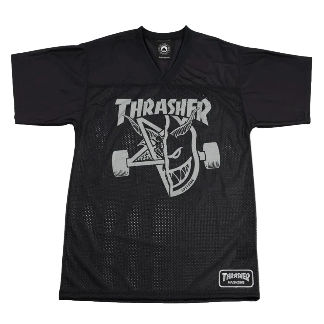 skategoat and spitfire  thrasher logo on a black jersey