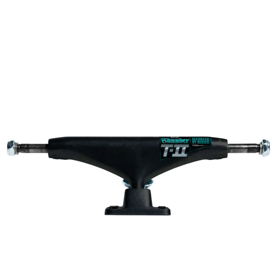 Black skateboard truck with visible branding on a white background