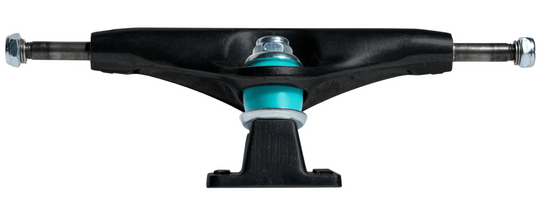 Skateboard truck with black and teal components on a white background
