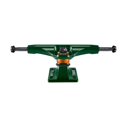 Green skateboard truck with orange center on a white background