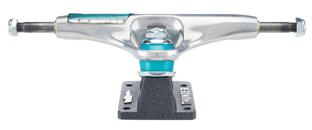 Skateboard truck front with blue accents on a white background