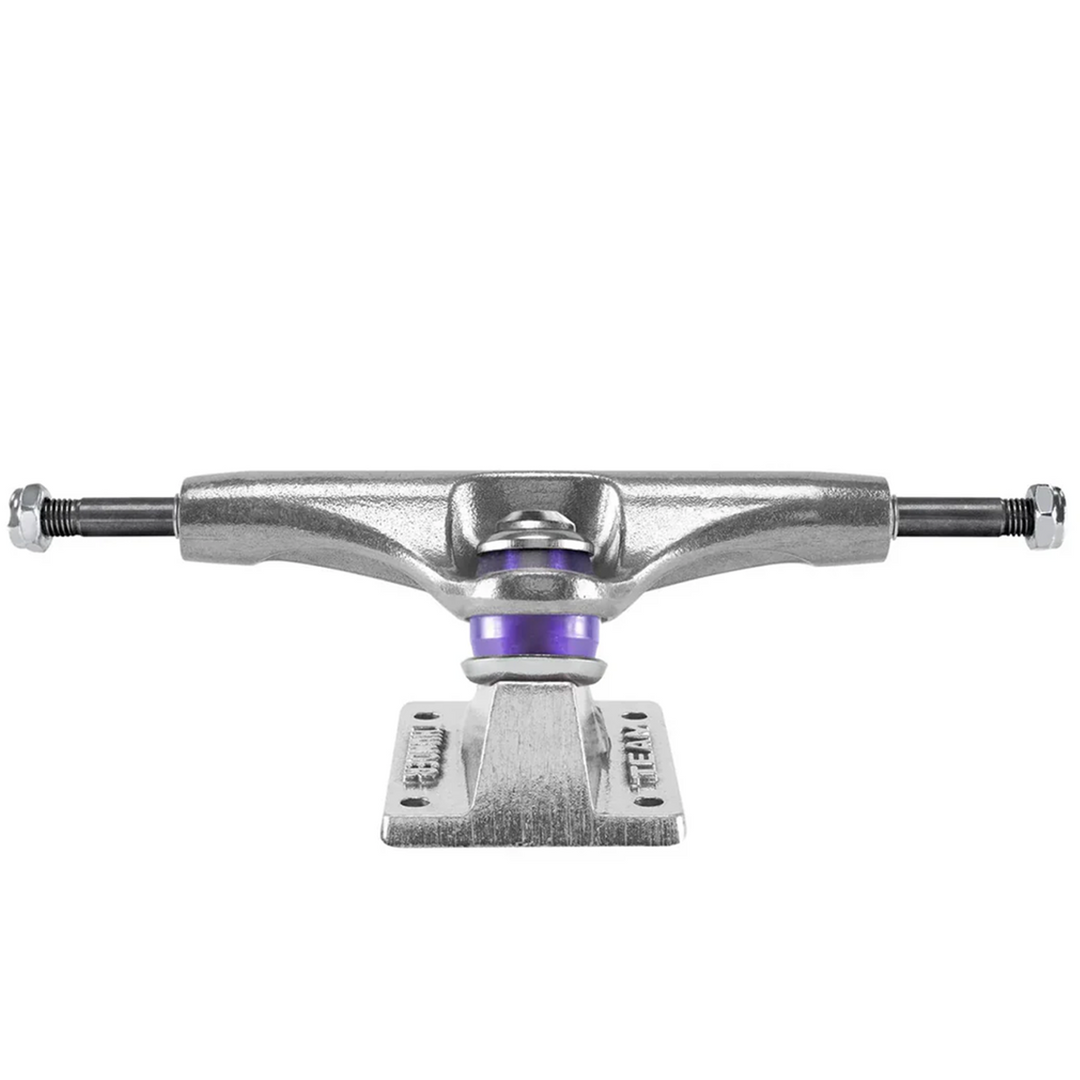 Skateboard truck with purple bushings and low kingpin