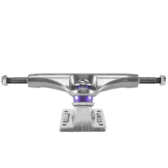 Skateboard truck with purple bushings and low kingpin