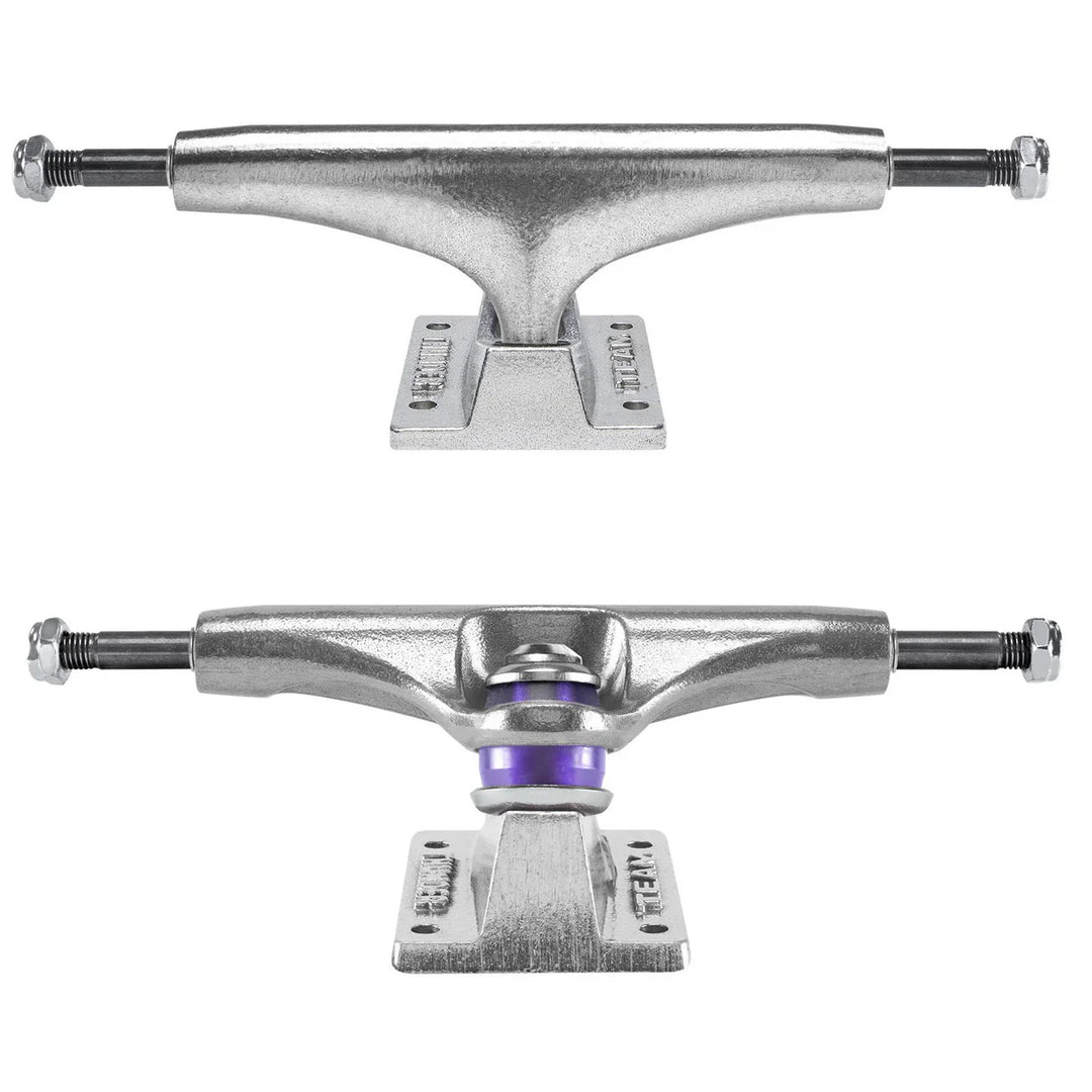 Two metallic skateboard truck views front and back