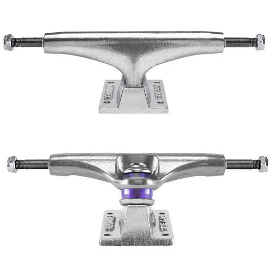 Two metallic skateboard truck views front and back
