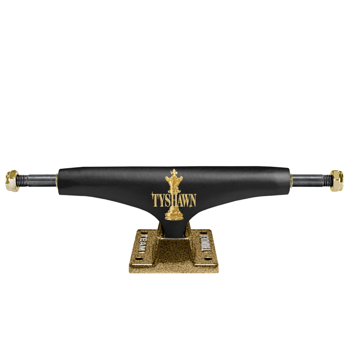 Black and gold skateboard truck with 'Tyshawn' branding on a white background