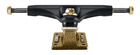 Skateboard truck with black and gold design on a white background