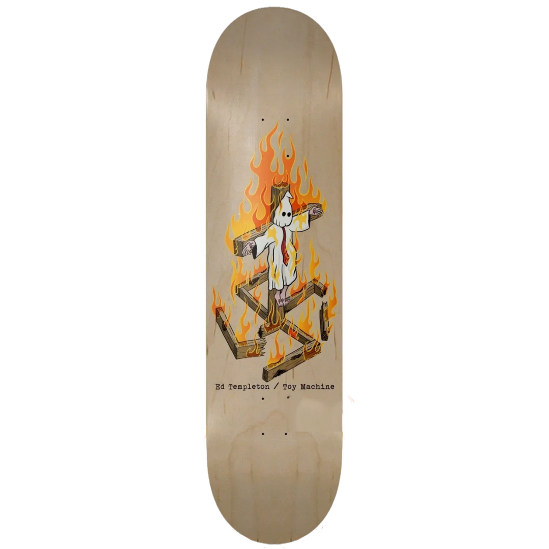 Skateboard deck with a graphic design of a character on fire, on a beige background.