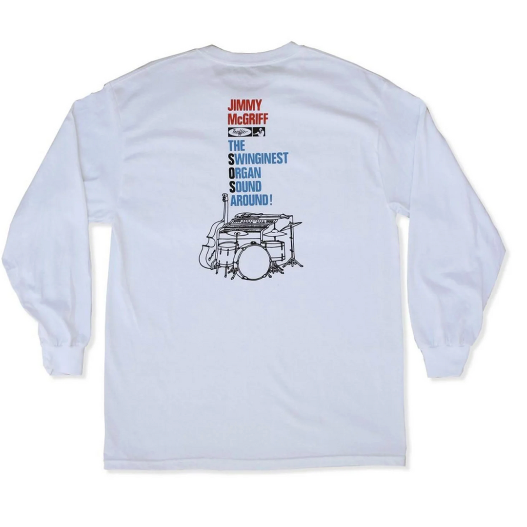 White long-sleeve shirt with graphic design and text on a white background