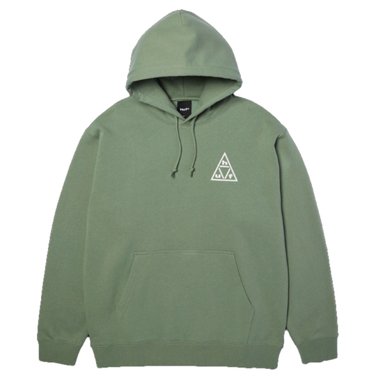 Green hoodie with a white huf triangle logo 