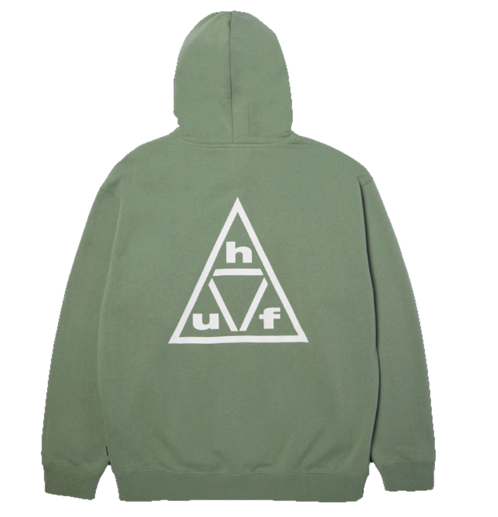Green hoodie with a white tHUF triangle logo on the back 