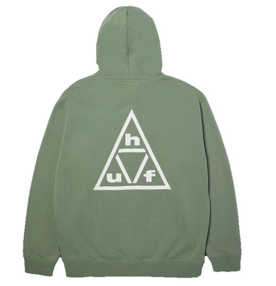 Green hoodie with a white tHUF triangle logo on the back 