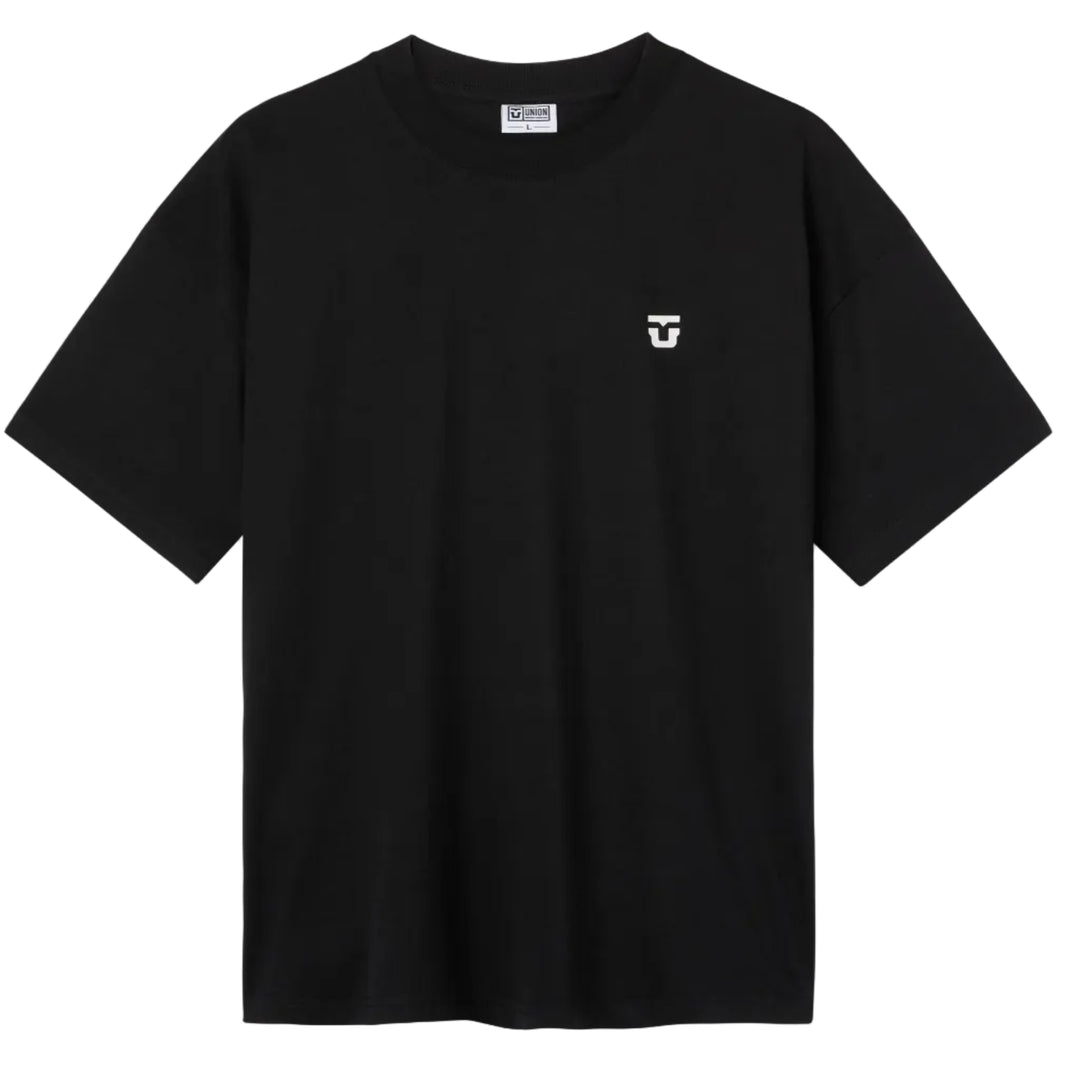Black t-shirt with a small Union logo 