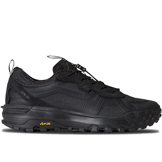 A black Vibram trail running shoe shown in a side profile view against a plain white background.