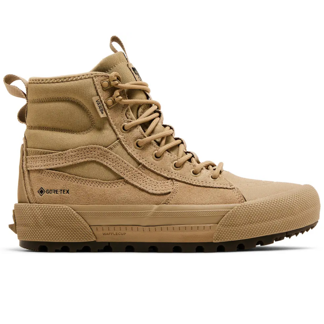 Tan hiking boot with GORE-TEX label on a white background