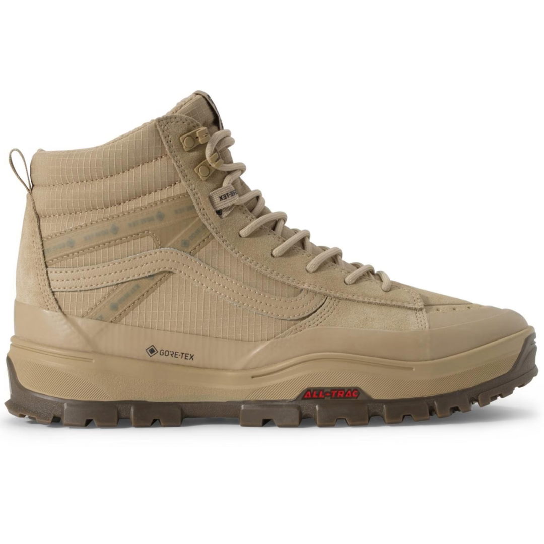 Tan hiking boot with brand logo on a white background