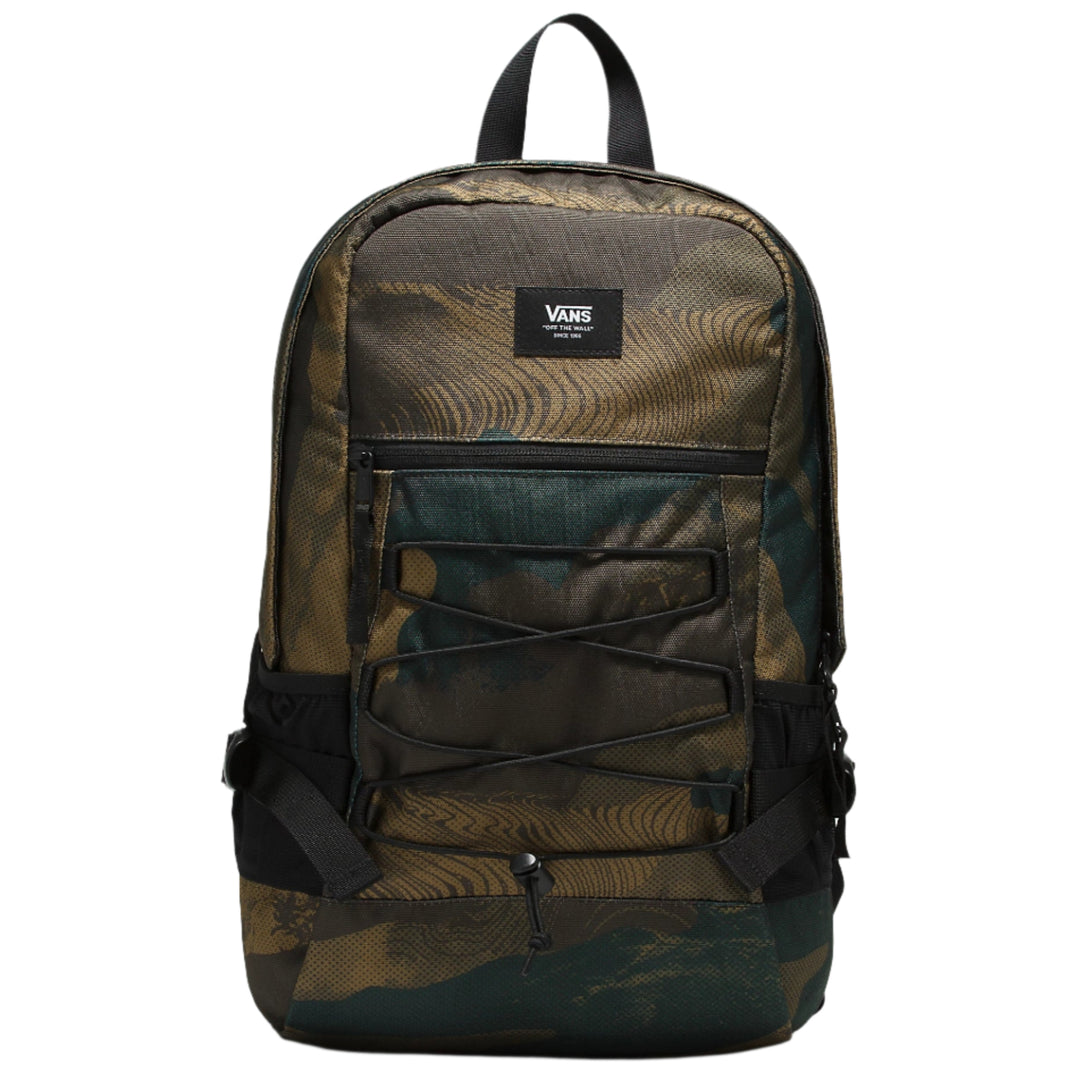 A camouflage patterned Vans Original backpack with adjustable shoulder straps, a front pocket, and the Vans logo on the top pocket compartment.