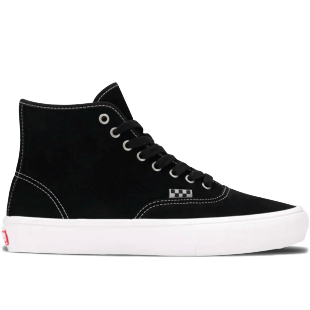 A black high-top sneaker made of suede, featuring white laces, white stitching, a white rubber sole, and the signature Vans checkered side logo, shown against a plain white background.