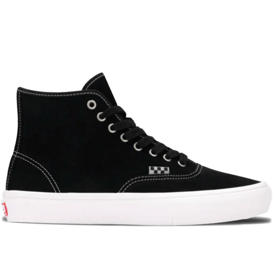 A black high-top sneaker made of suede, featuring white laces, white stitching, a white rubber sole, and the signature Vans checkered side logo, shown against a plain white background.