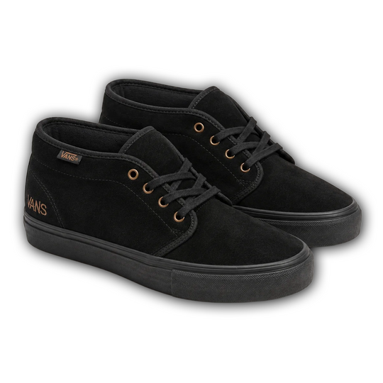 A pair of black suede Vans chukka sneakers with black laces, black rubber soles, and gold eyelets, shown on a white background with a soft drop shadow.