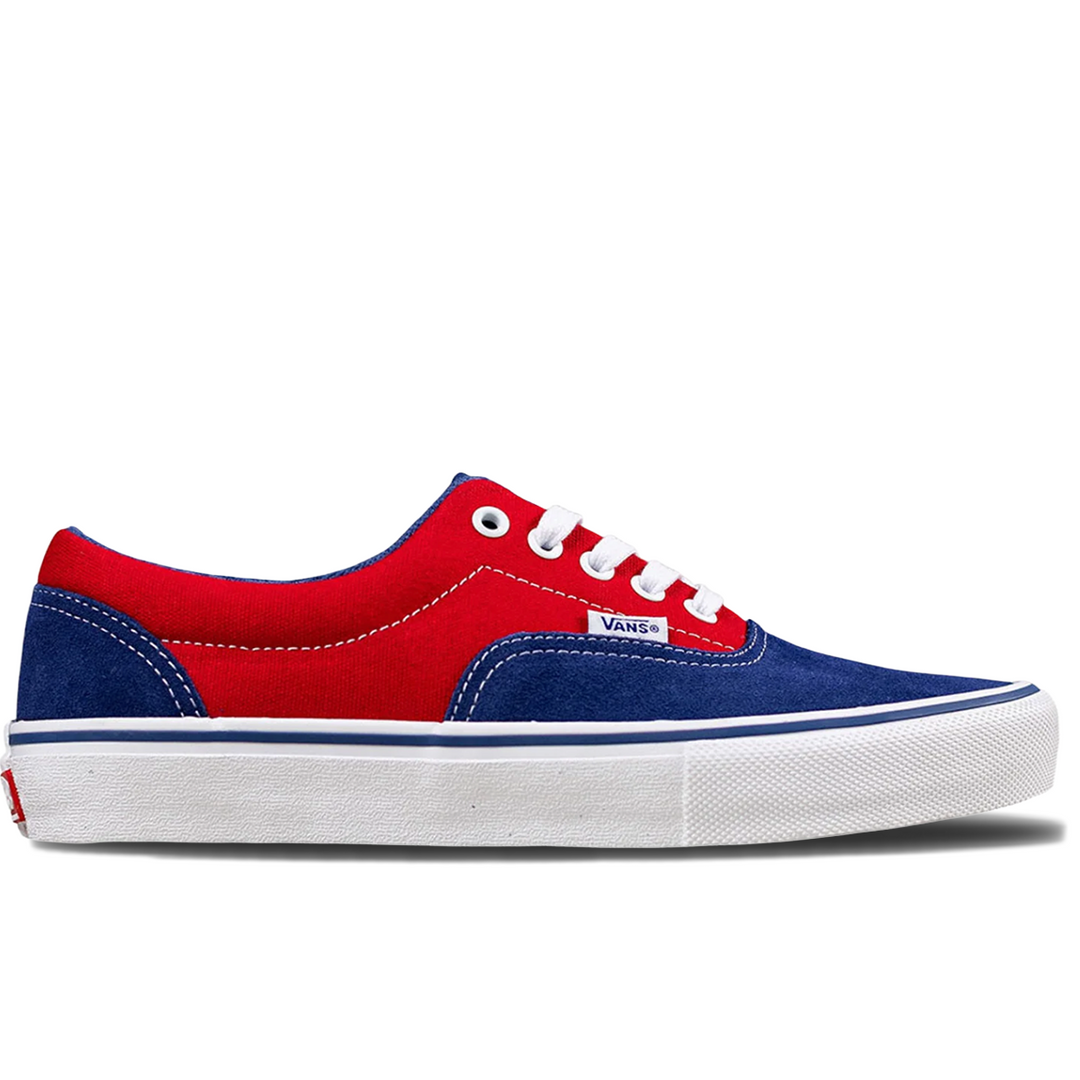 Red and blue Vans Era Skate sneaker with white sole 