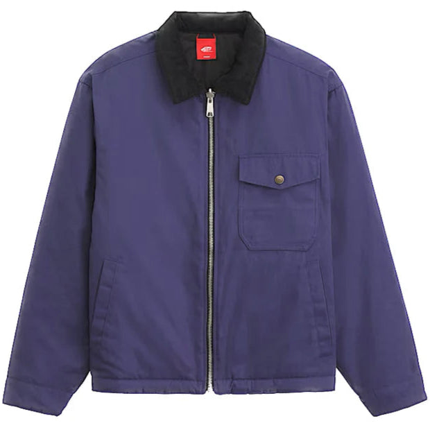 Purple jacket with black collar on a white background