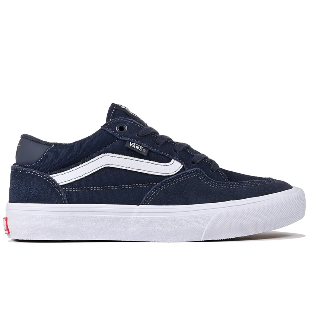 Navy blue Vans sneaker with white sole on a white background