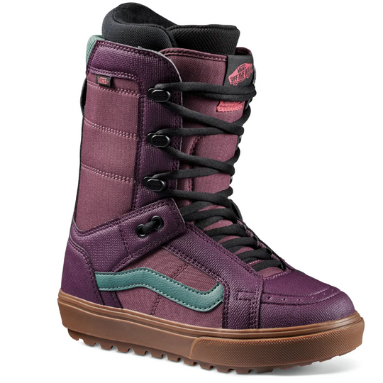 Purple winter boot with black laces and brown sole on a white background