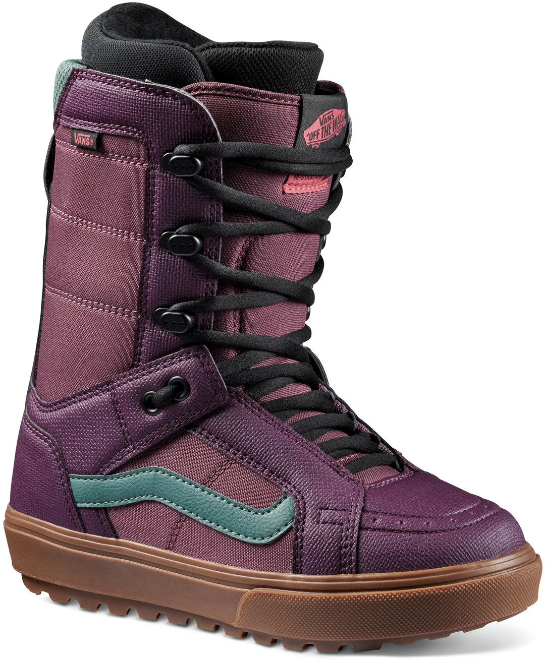 Vans Womens Hi-Stanard OG 2025 Snowboard Boot featuring a multi color block design, predominantly purple, with black laces and green accents.