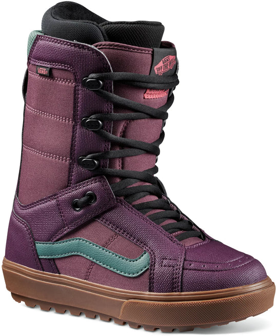 Vans Womens Hi-Stanard OG 2025 Snowboard Boot featuring a multi color block design, predominantly purple, with black laces and green accents.