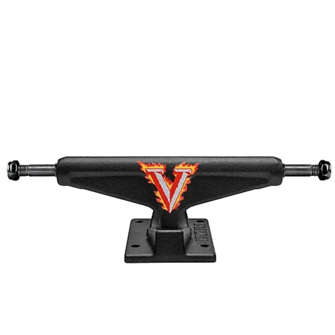 Black venture skateboard truck with red 'V' burning logo 