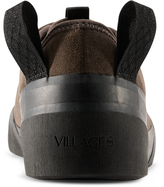 Back view of a brown shoe with black sole and &
