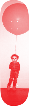 A child wearing sunglasses and a striped shirt stands on a red skateboard while holding a large red balloon against a pale pink background.