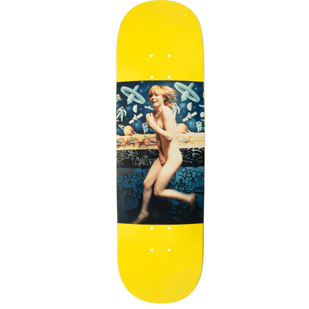 Skateboard deck with a graphic design of a woman sitting on a wall.
