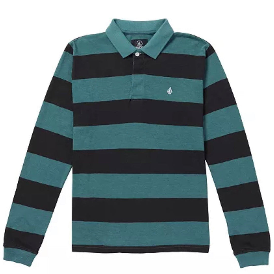 Long-sleeve polo shirt with black and teal stripes on a white background