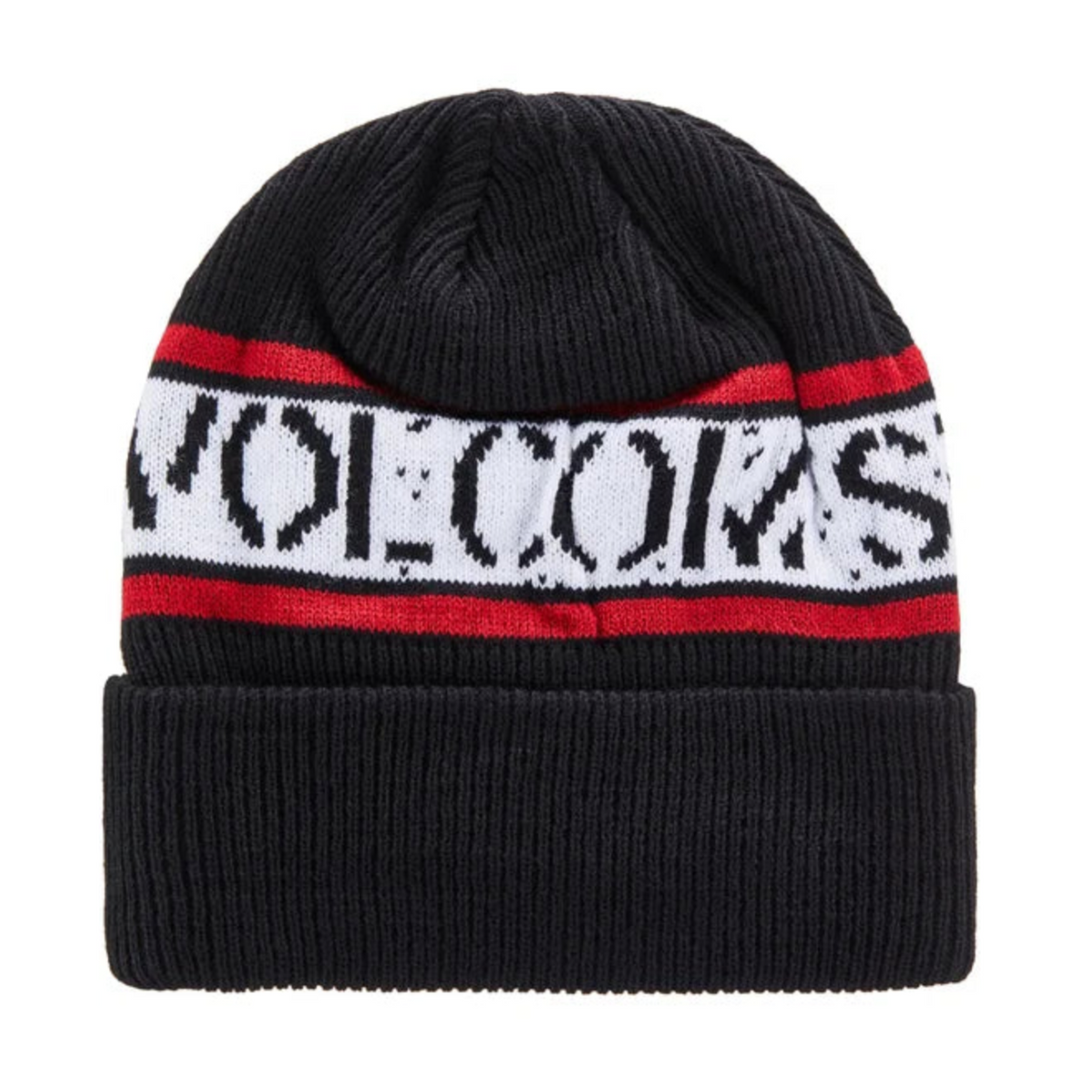 Black knit beanie with a white and red striped band featuring text on a white background
