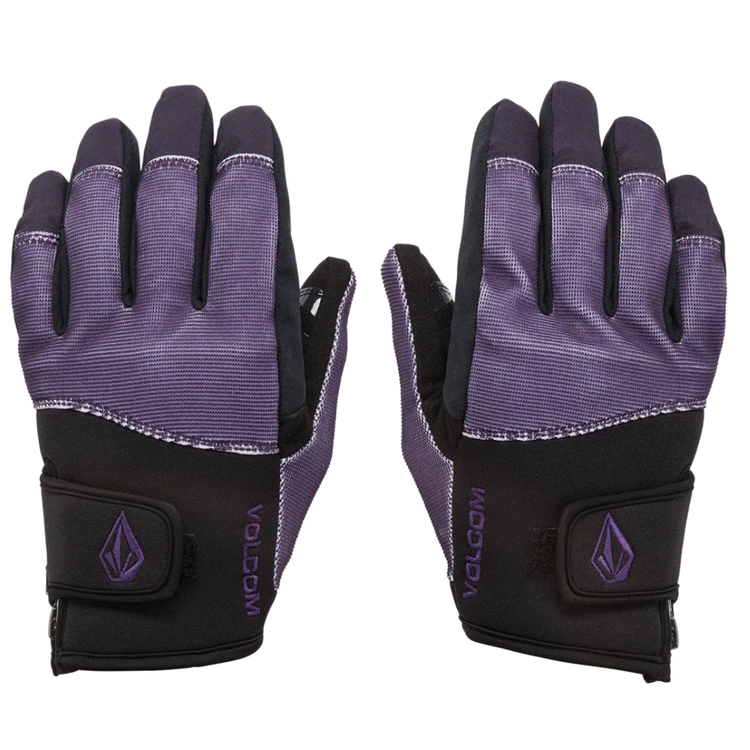 Pair of purple and black gloves with Volcom logo 